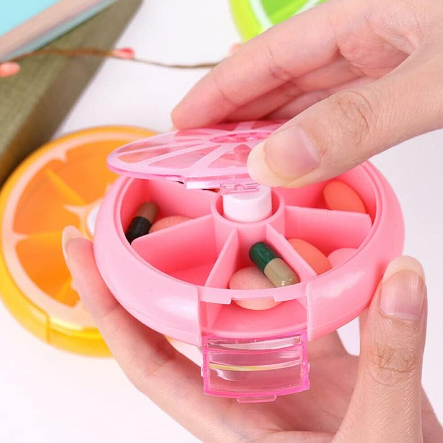 12609 Pill Box Medicine Dispenser 7-Day Week Weekly Whee Cute Portable fruit style 7 grid seal rotation Pill Organizer Medicine Box (1 Pc) 12609 Pill Box Medicine Dispenser 7-Day Week Weekly Whee Cute Portable fruit style 7 grid seal rotation Pill Organizer Medicine Box (1 Pc)